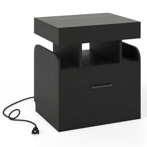 Nightstand with Charging Station, Bedside Table with Drawer & Sliding Top Storage