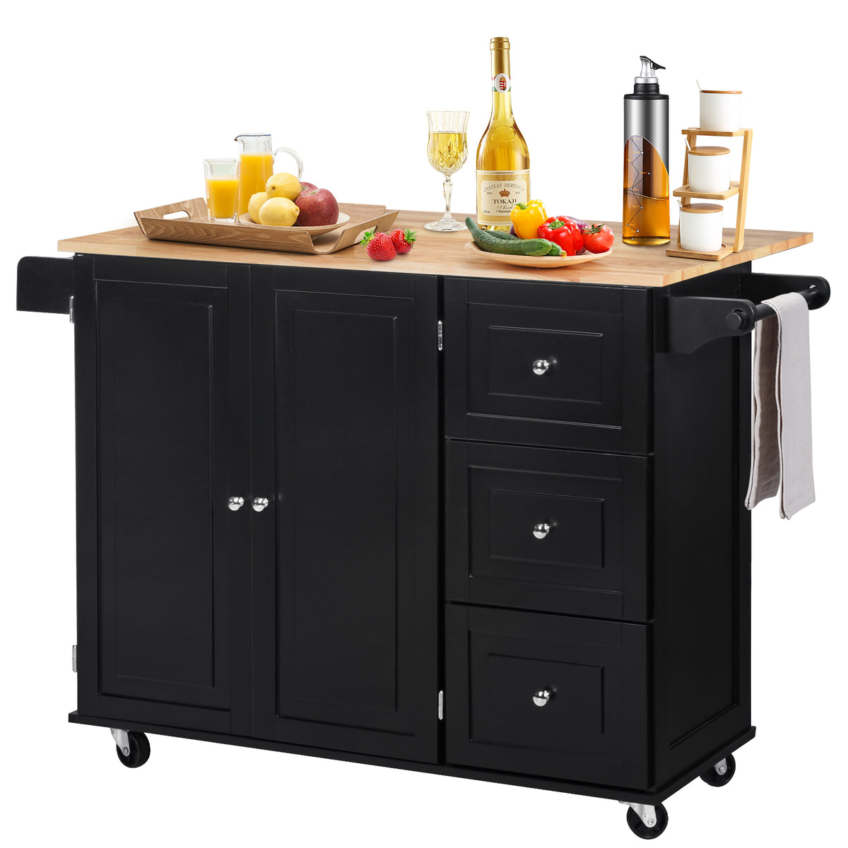 Giantex Kitchen Island Cart, Large Trolley Cart w/ Drop-Leaf Tabletop, Large Cabinet, 3 Drawers, Spice Rack, Towel Rack, Rolling Serving Trolley Cabinet