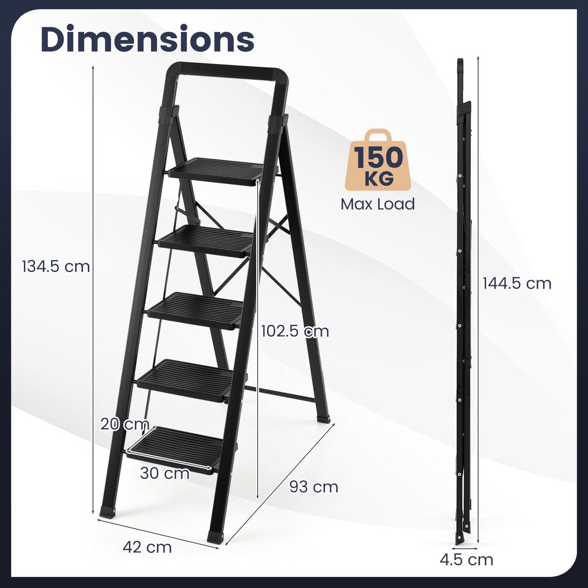 2/3/4/5 Step Ladder with Wide Anti-slip Pedals and Safety Handgrip
