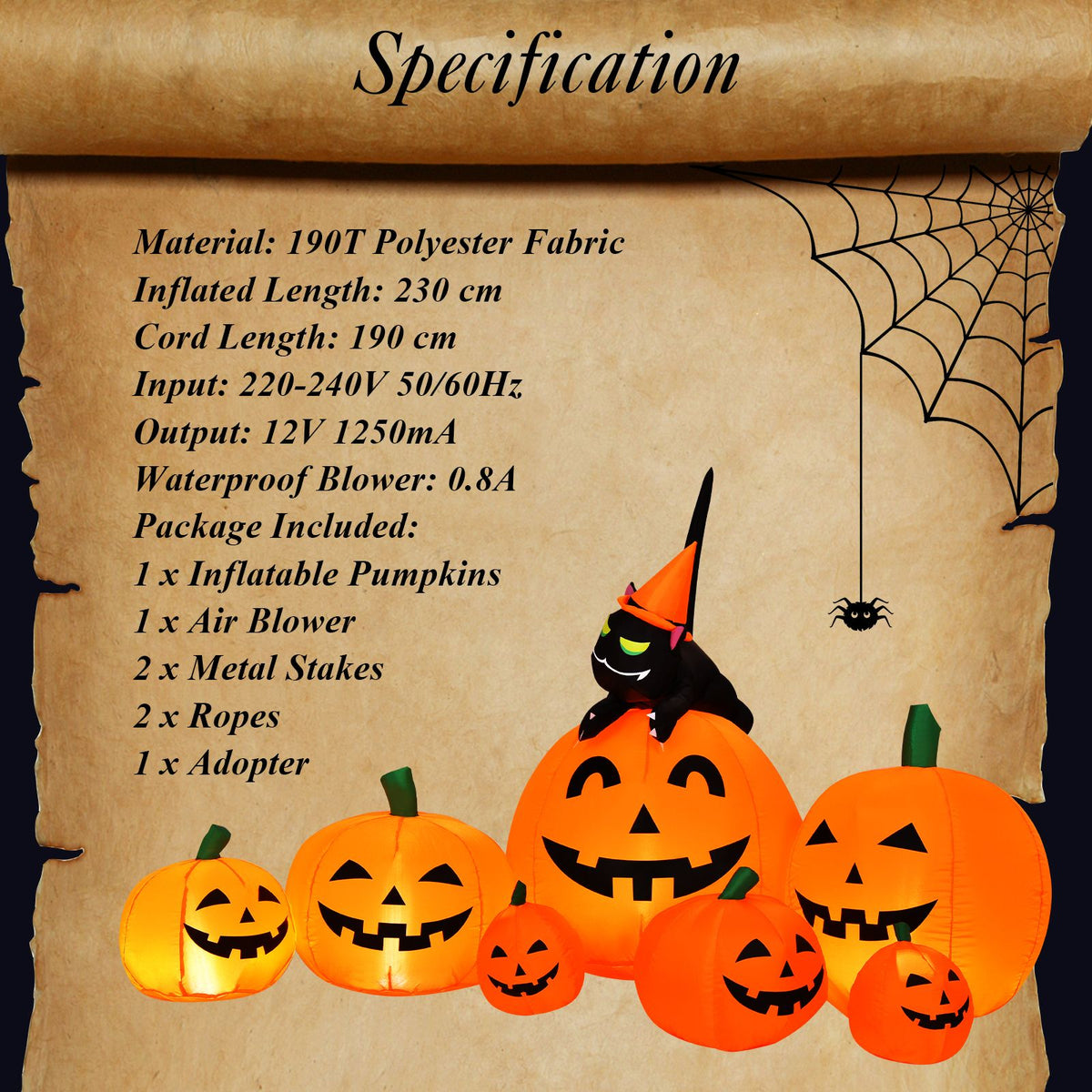 2.3m Halloween Inflatable Pumpkin with Witch Cat and LED Lights for Yard Lawn