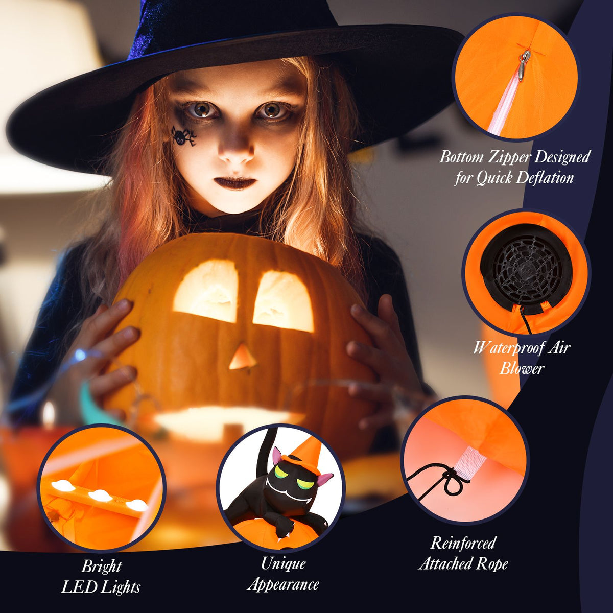 2.3m Halloween Inflatable Pumpkin with Witch Cat and LED Lights for Yard Lawn