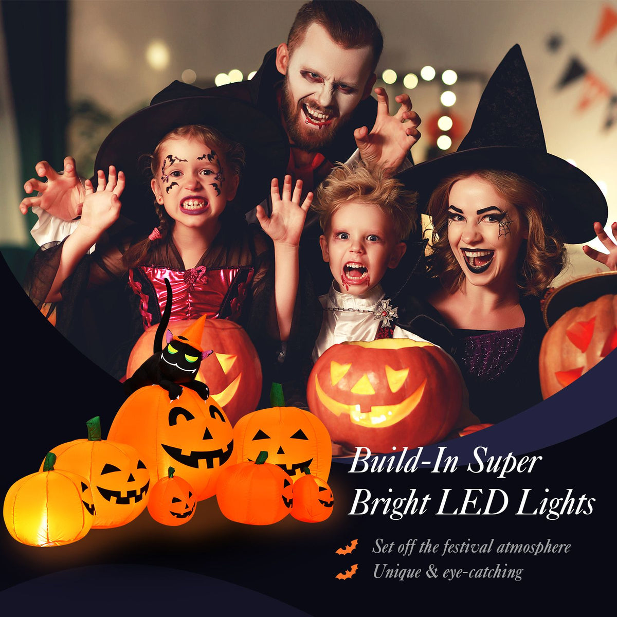 2.3m Halloween Inflatable Pumpkin with Witch Cat and LED Lights for Yard Lawn