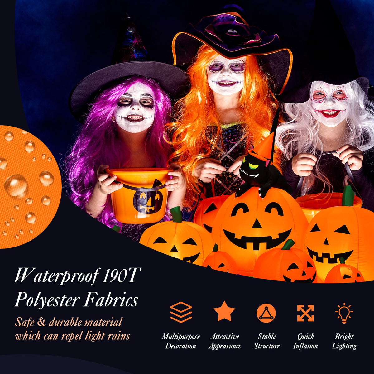 2.3m Halloween Inflatable Pumpkin with Witch Cat and LED Lights for Yard Lawn