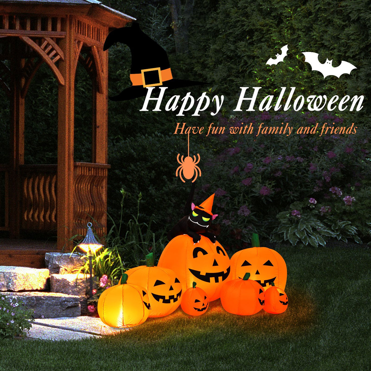2.3m Halloween Inflatable Pumpkin with Witch Cat and LED Lights for Yard Lawn