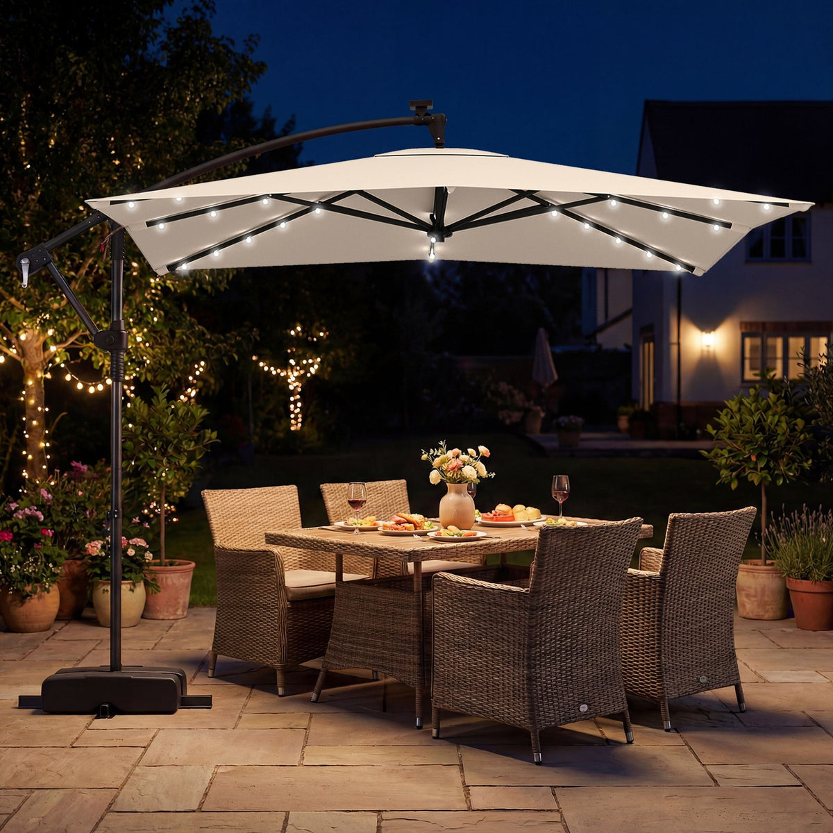 2.5M Solar LED Cantilever Umbrella with 360 Rotation and Weighted Base