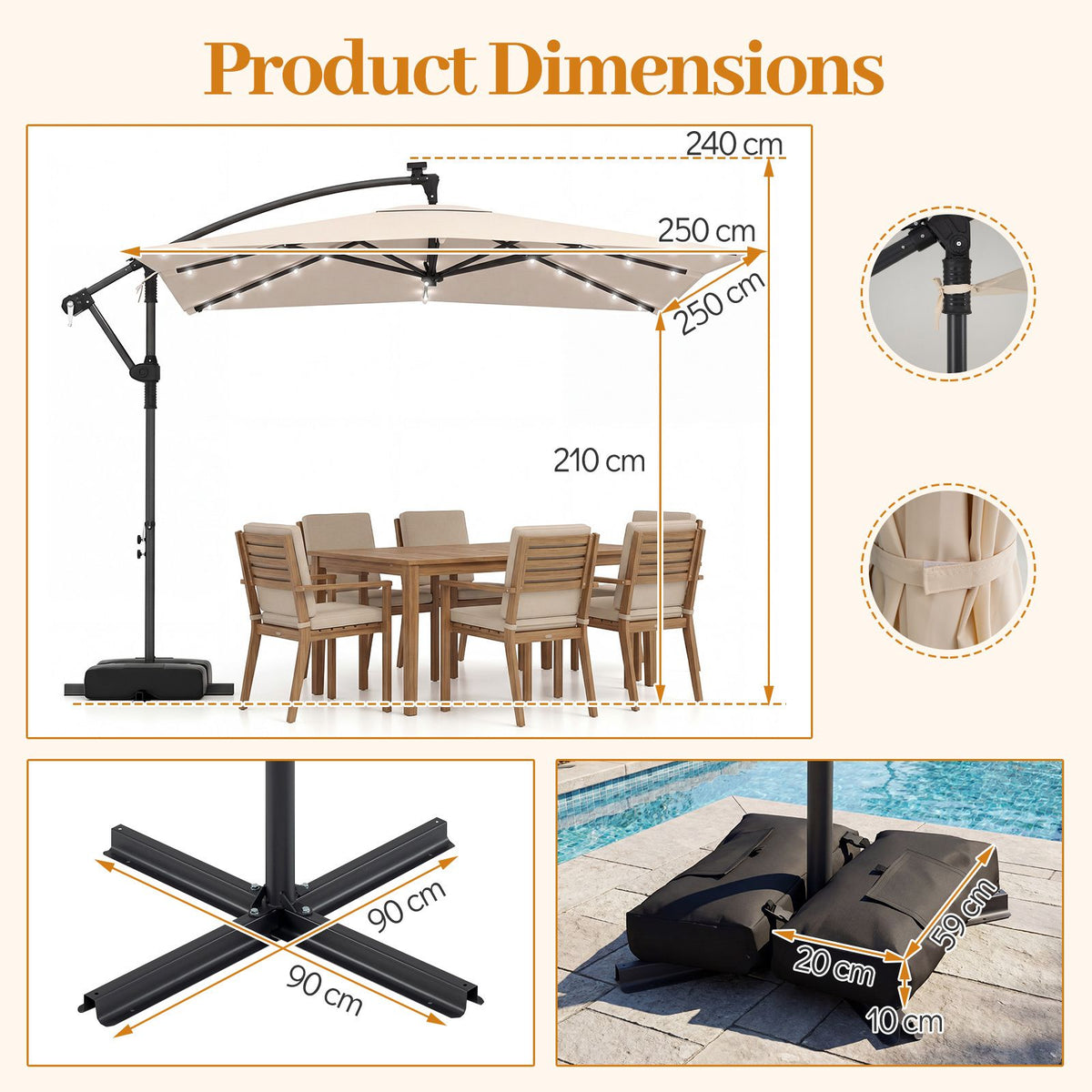 2.5M Solar LED Cantilever Umbrella with 360 Rotation and Weighted Base