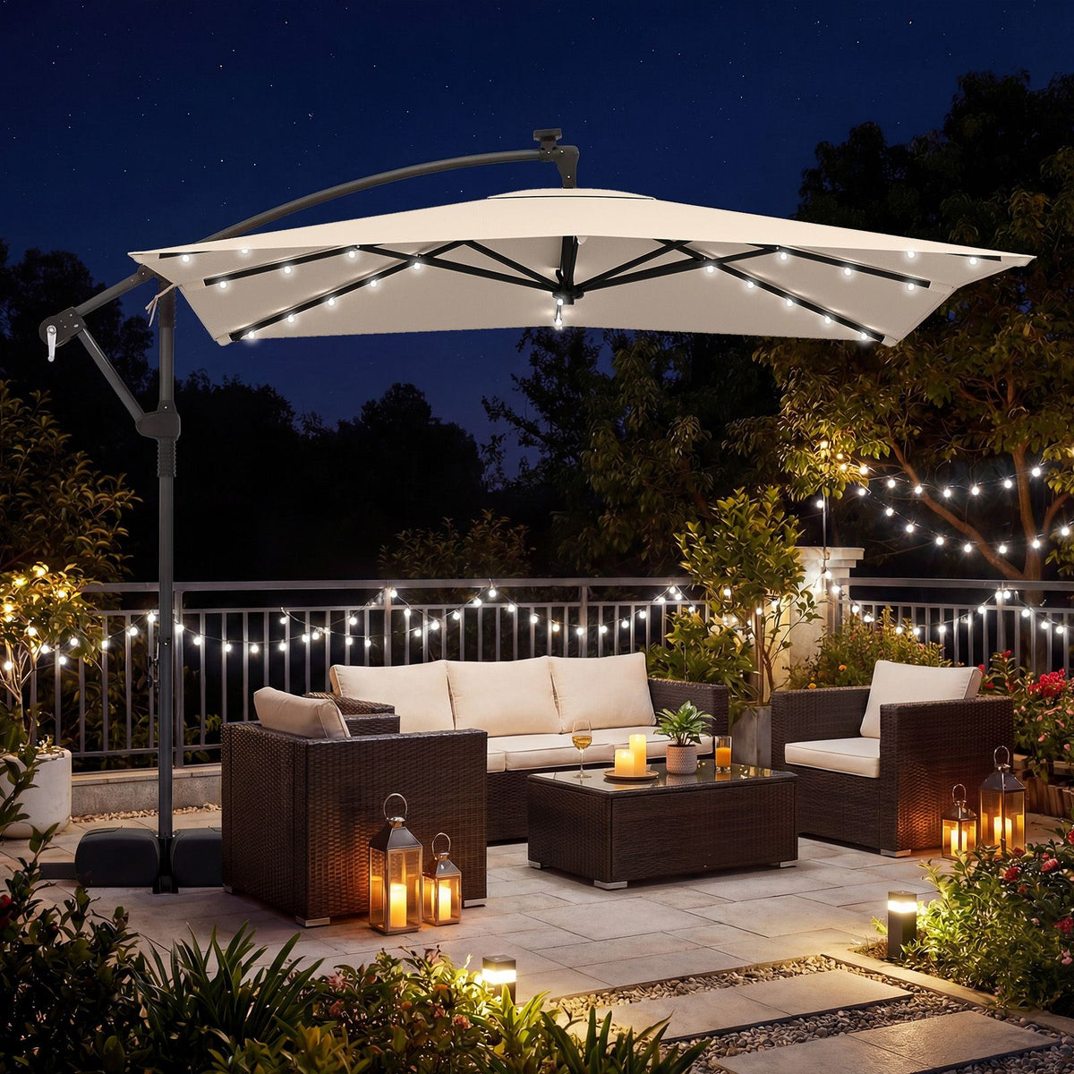 2.5M Solar LED Cantilever Umbrella with 360 Rotation and Weighted Base