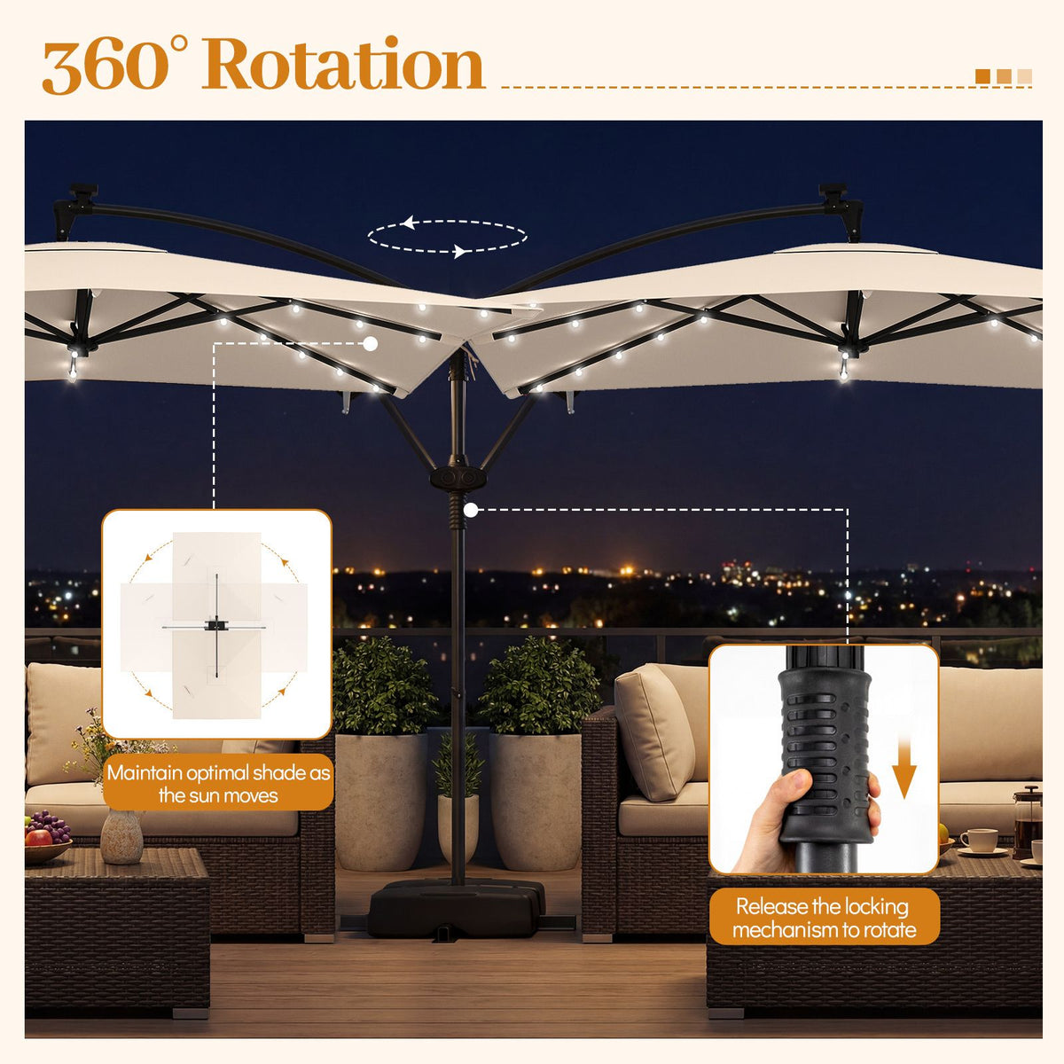 2.5M Solar LED Cantilever Umbrella with 360 Rotation and Weighted Base