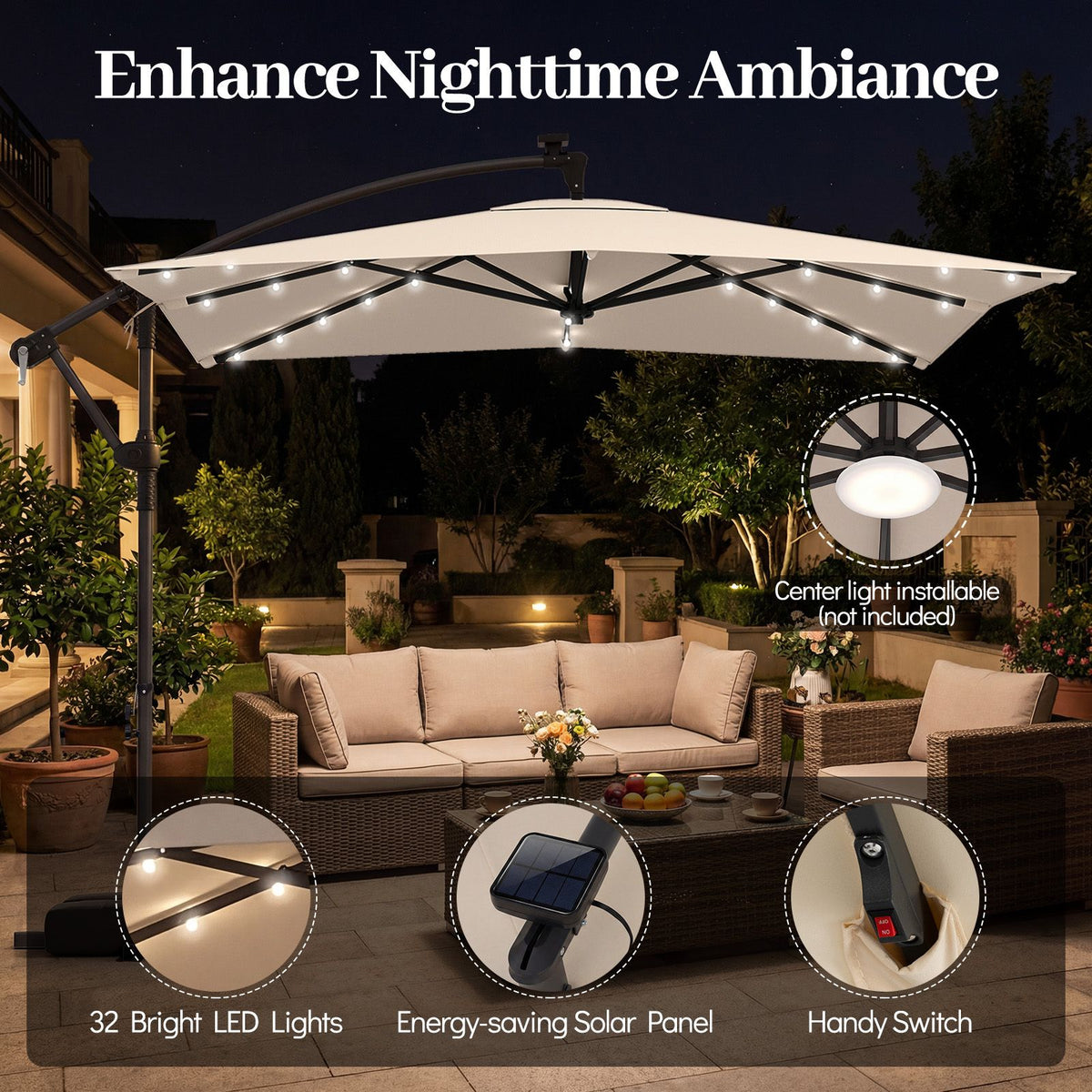2.5M Solar LED Cantilever Umbrella with 360 Rotation and Weighted Base