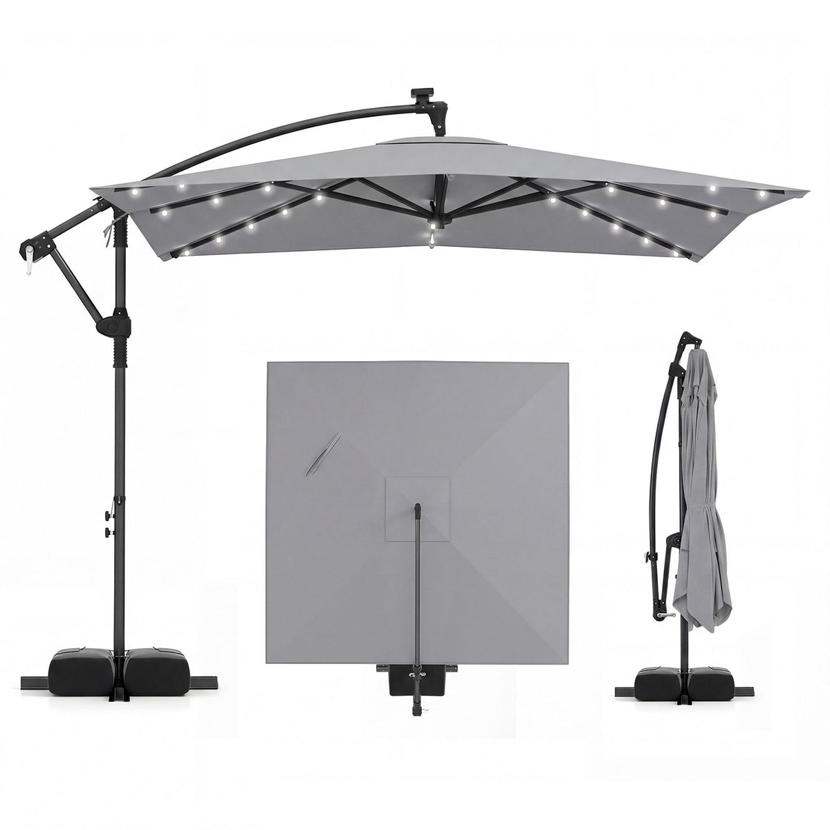 2.5M Solar LED Cantilever Umbrella with 360 Rotation and Weighted Base