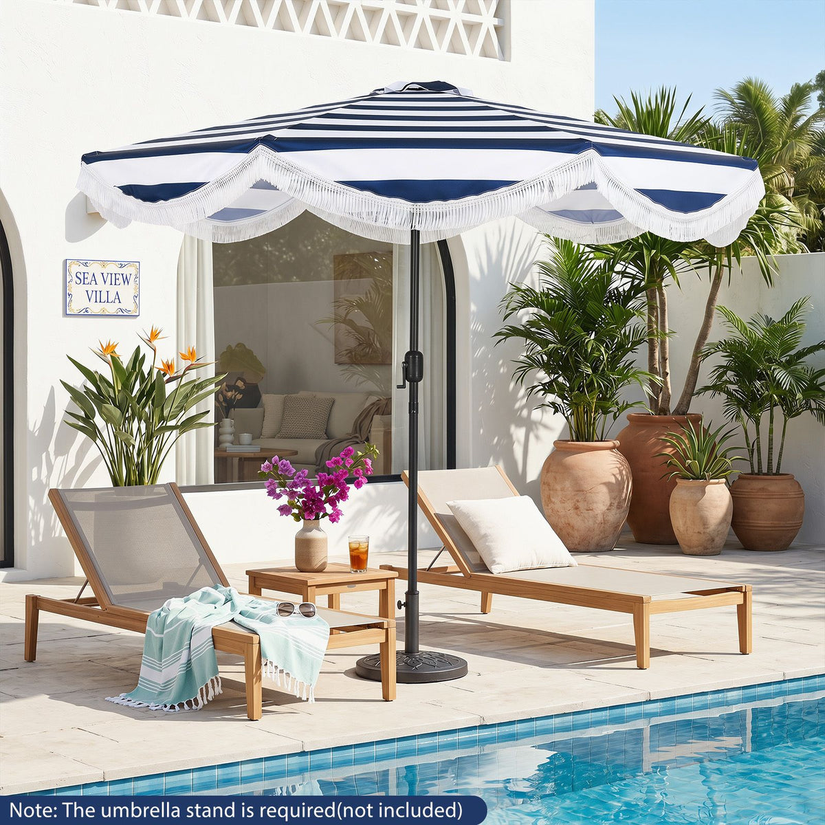 2.7M Patio Umbrella with Fringe Tassel Push Button Tilt and Crank for Garden