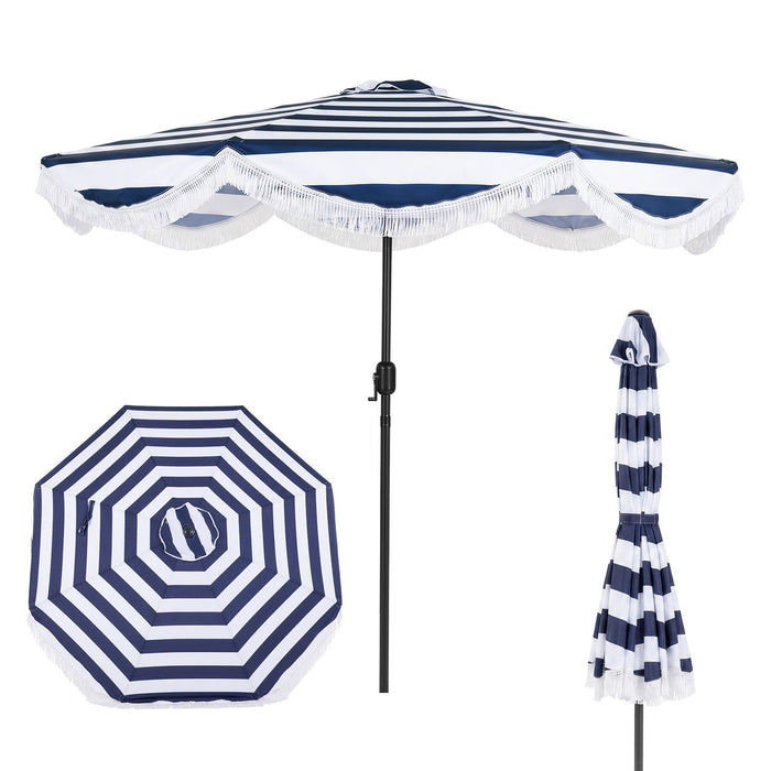 2.7M Patio Umbrella with Fringe Tassel Push Button Tilt and Crank for Garden