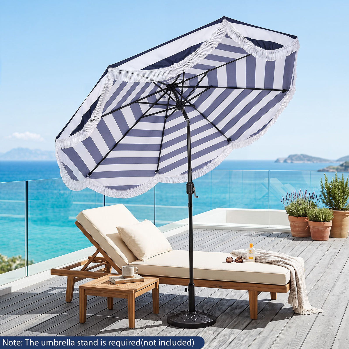 2.7M Patio Umbrella with Fringe Tassel Push Button Tilt and Crank for Garden