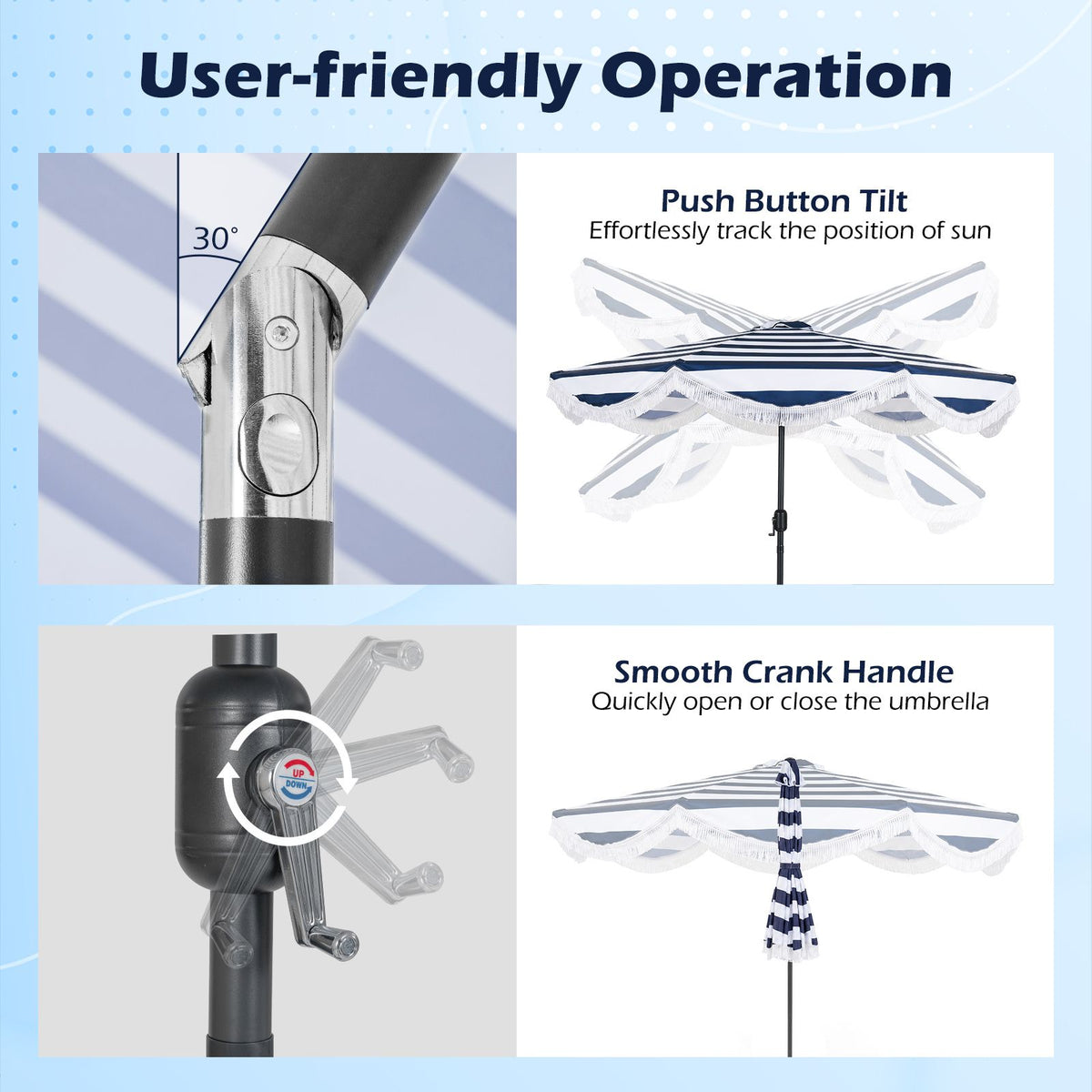 2.7M Patio Umbrella with Fringe Tassel Push Button Tilt and Crank for Garden