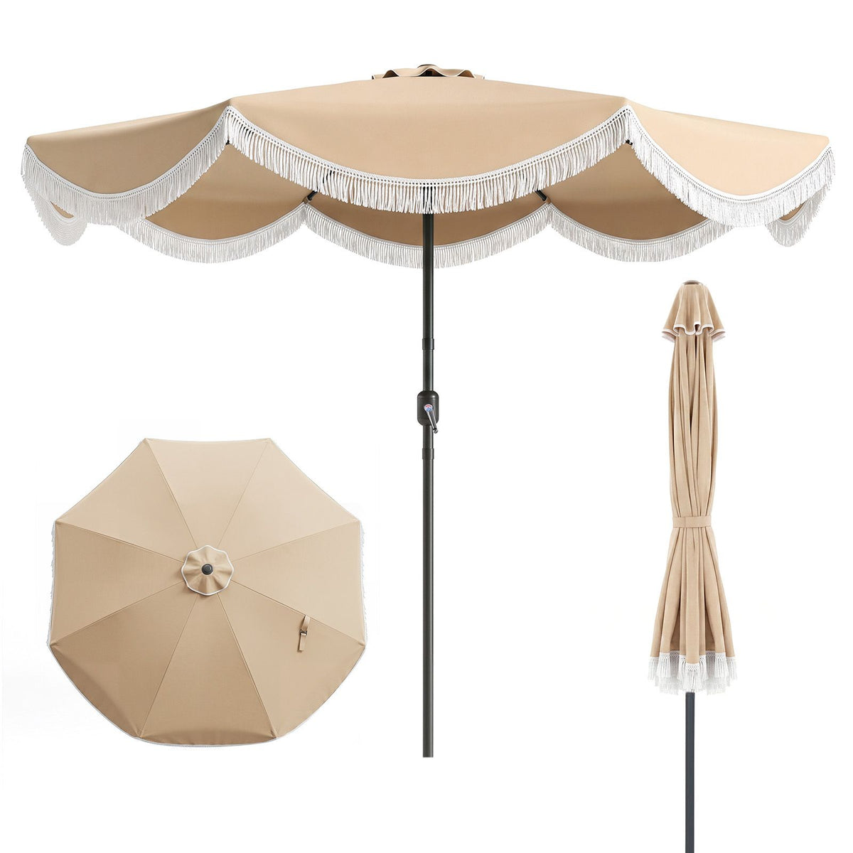2.7M Patio Umbrella with Fringe Tassel Push Button Tilt and Crank for Garden