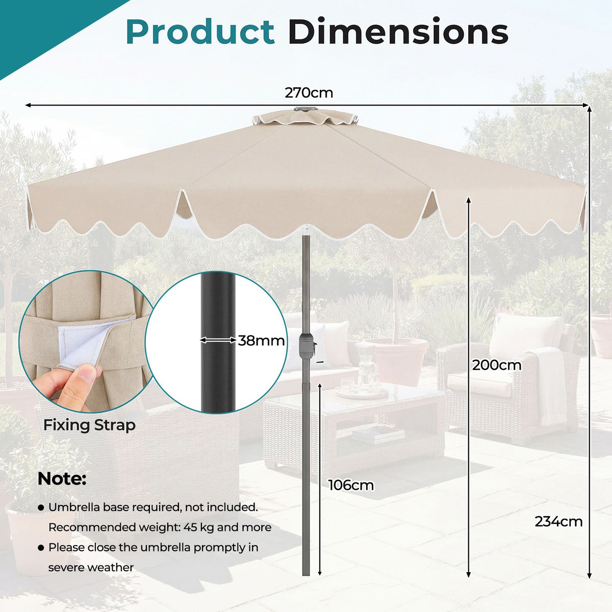 2.7M Patio Umbrella with Push Button Tilt Crank and 8 Metal Ribs