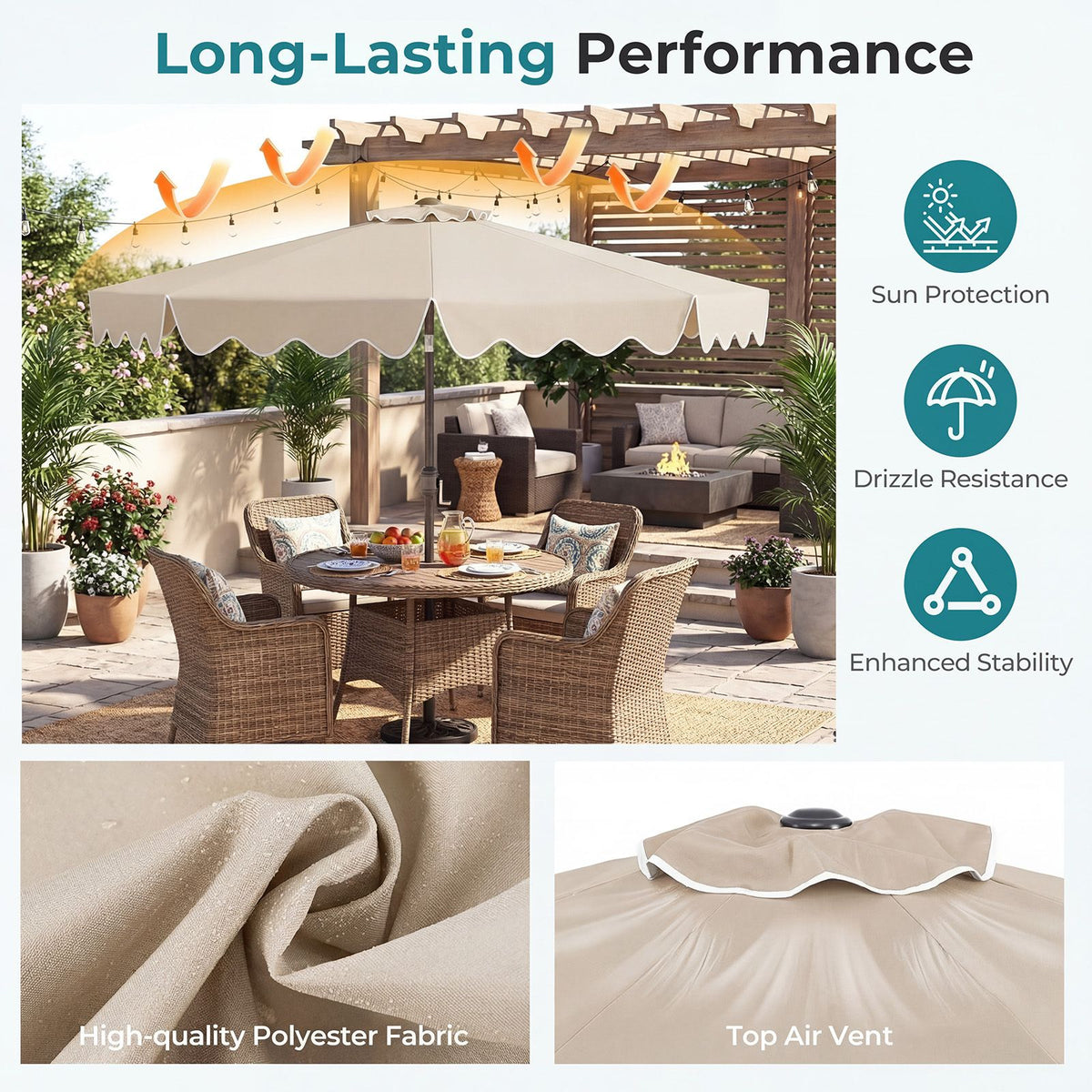2.7M Patio Umbrella with Push Button Tilt Crank and 8 Metal Ribs