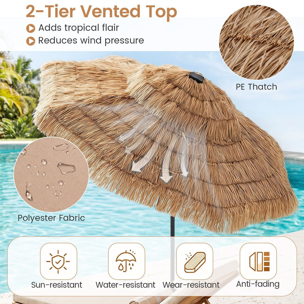 2.7m Solar Thatched Tiki Umbrella with 96 LED Lights and 12 Modes