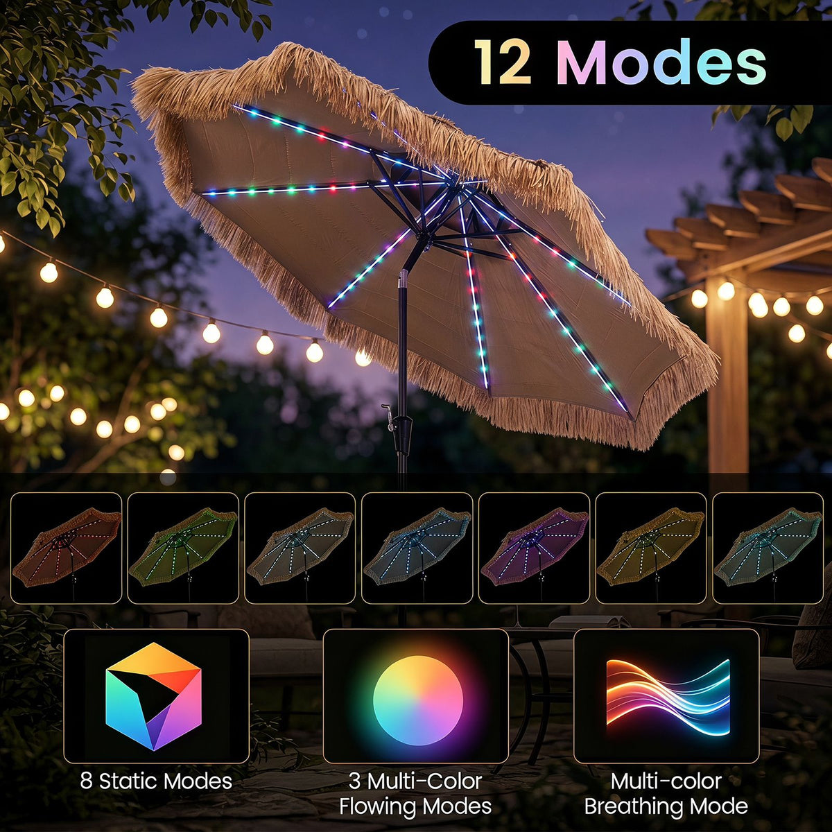 2.7m Solar Thatched Tiki Umbrella with 96 LED Lights and 12 Modes