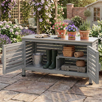 2-Door Potting Table with Stainless Steel Countertop and Fir Wood Frame L-Shaped Shelf