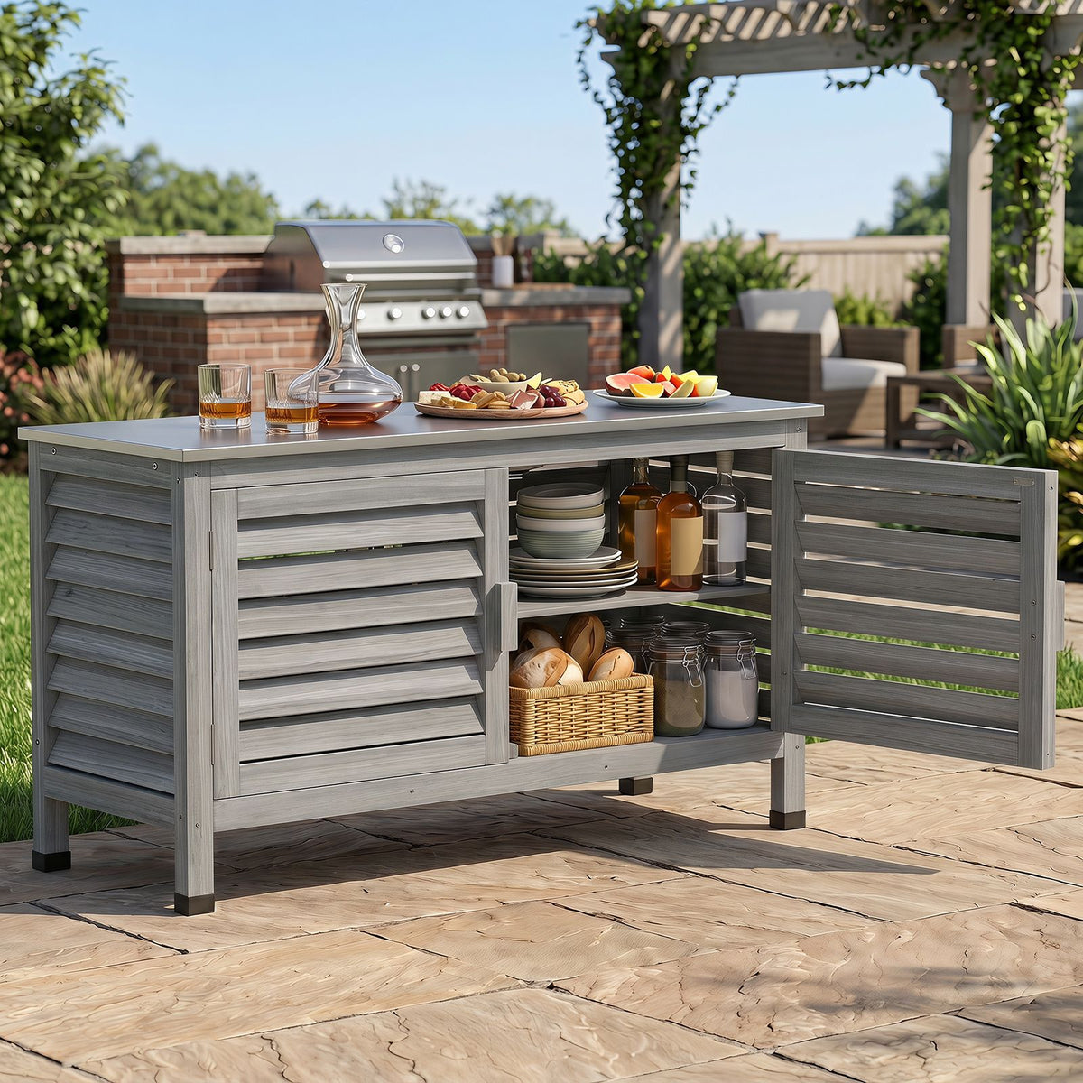 2-Door Potting Table with Stainless Steel Countertop and Fir Wood Frame L-Shaped Shelf