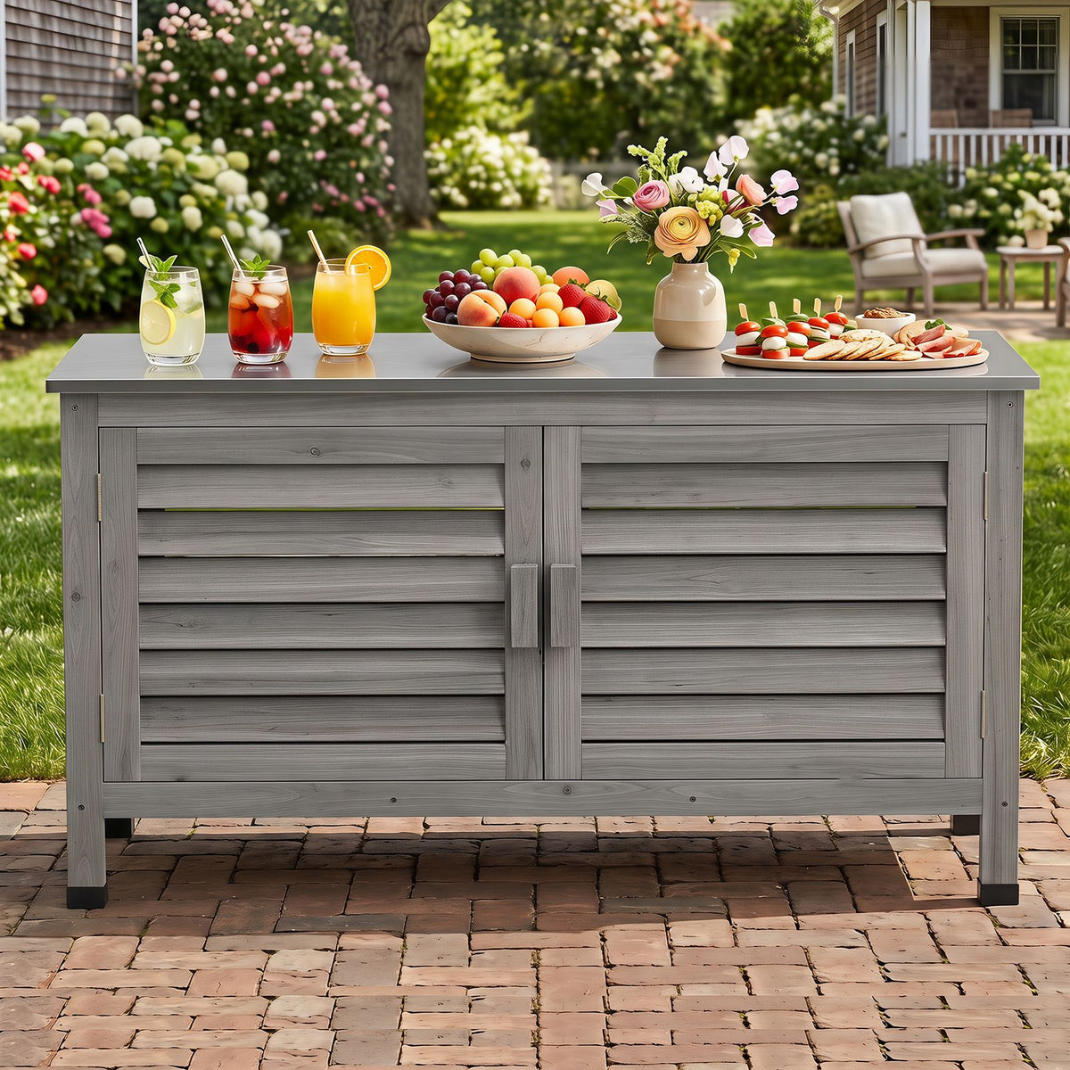 2-Door Potting Table with Stainless Steel Countertop and Fir Wood Frame L-Shaped Shelf
