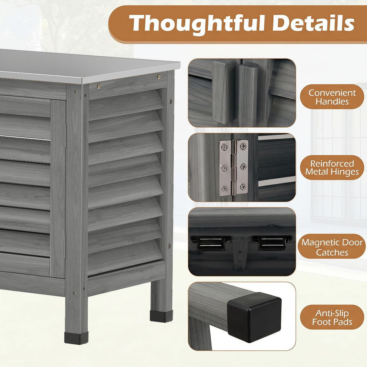 2-Door Potting Table with Stainless Steel Countertop and Fir Wood Frame L-Shaped Shelf