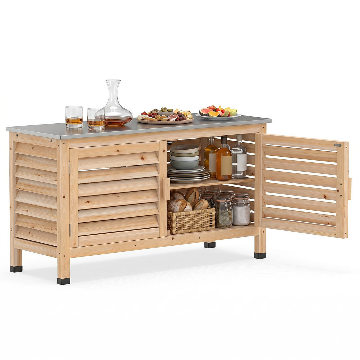 2-Door Potting Table with Stainless Steel Countertop and Fir Wood Frame L-Shaped Shelf