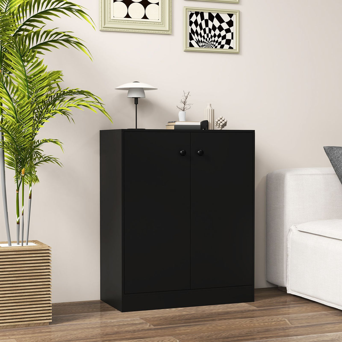 2-Door Storage Cabinet with 3-Tier Shelf Freestanding Side Cabinet