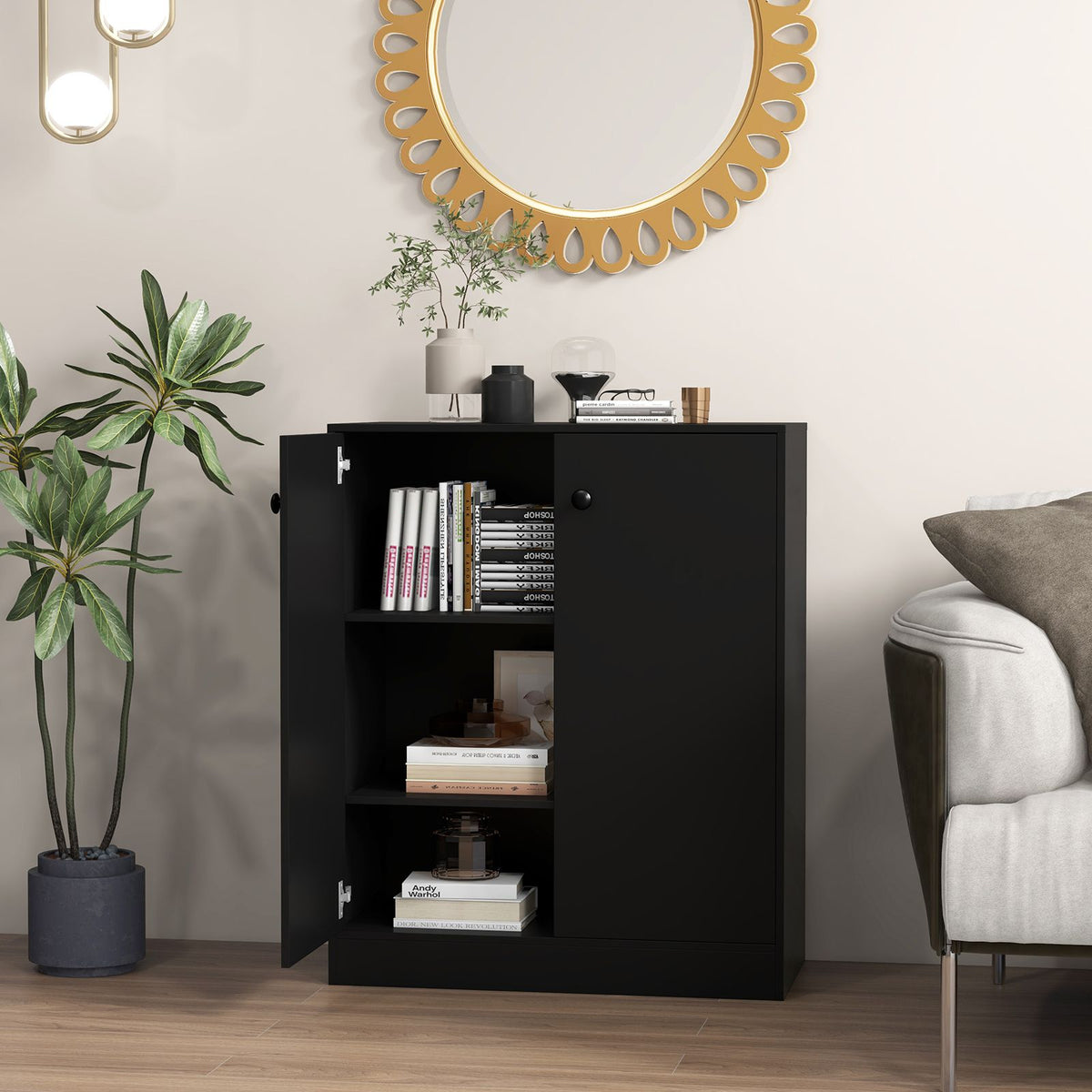 2-Door Storage Cabinet with 3-Tier Shelf Freestanding Side Cabinet