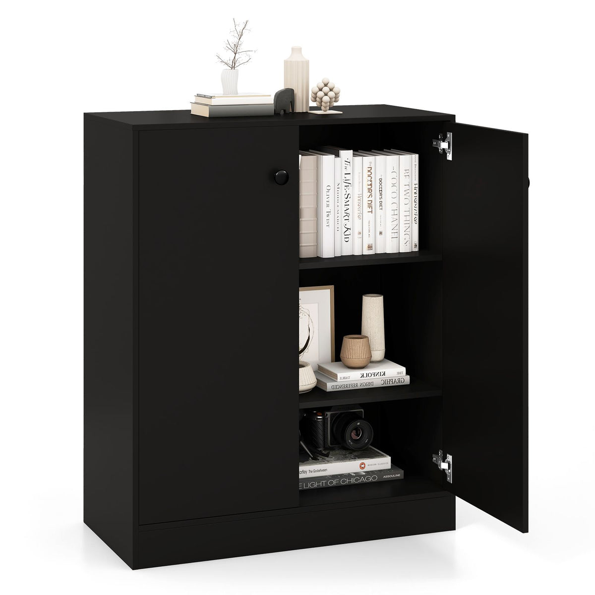2-Door Storage Cabinet with 3-Tier Shelf Freestanding Side Cabinet