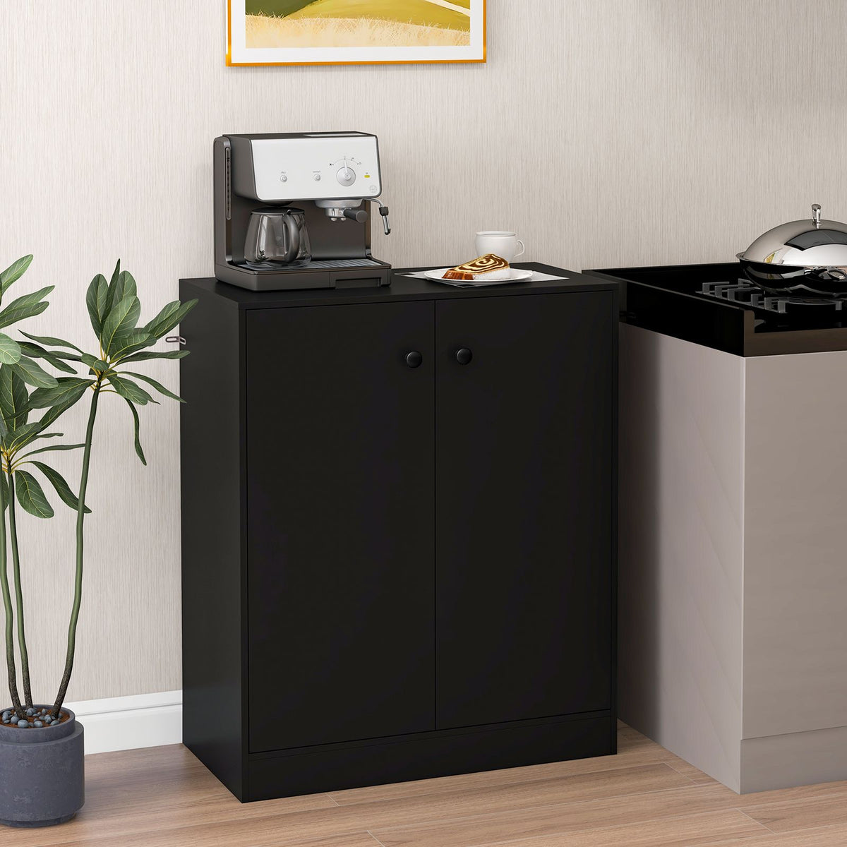 2-Door Storage Cabinet with 3-Tier Shelf Freestanding Side Cabinet