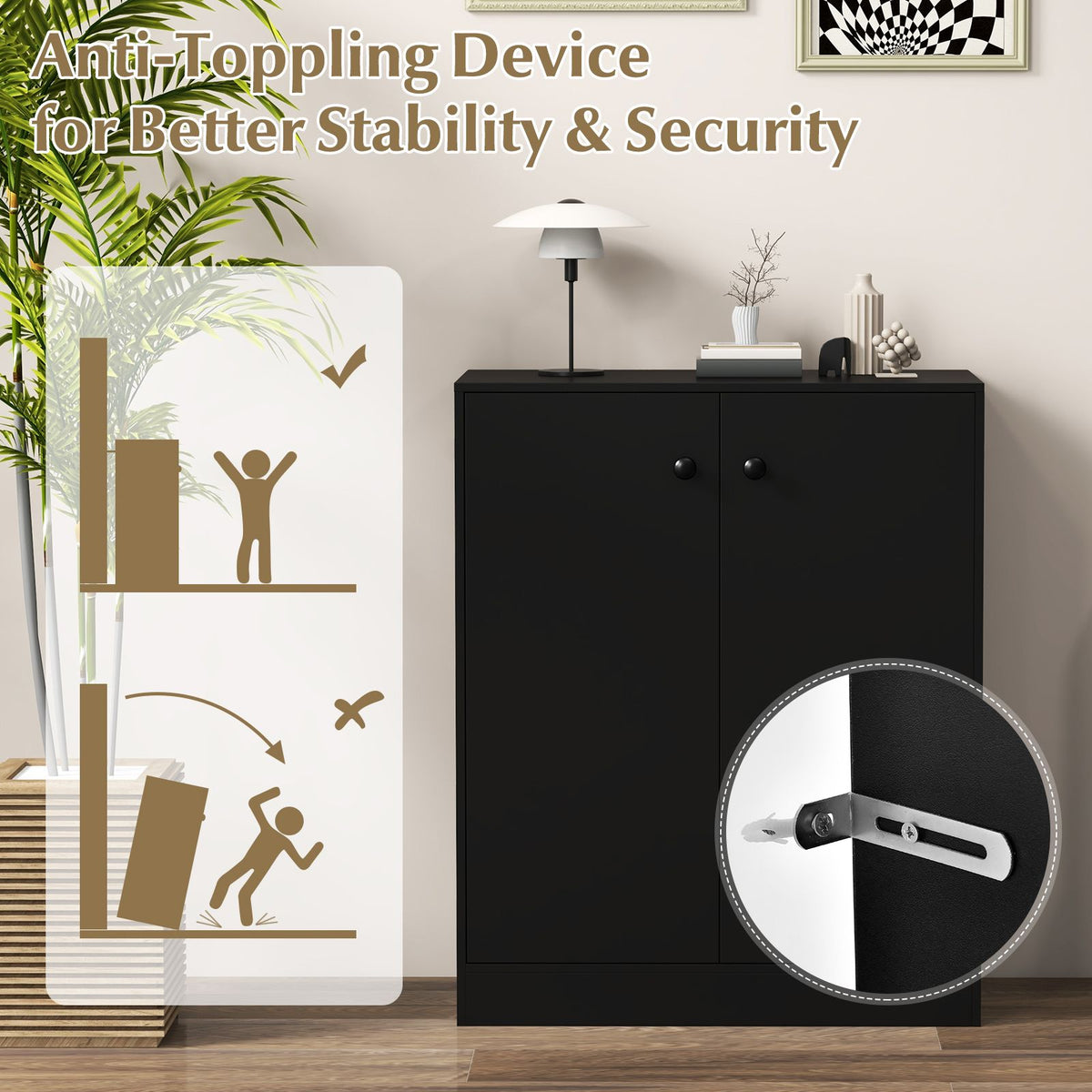 2-Door Storage Cabinet with 3-Tier Shelf Freestanding Side Cabinet