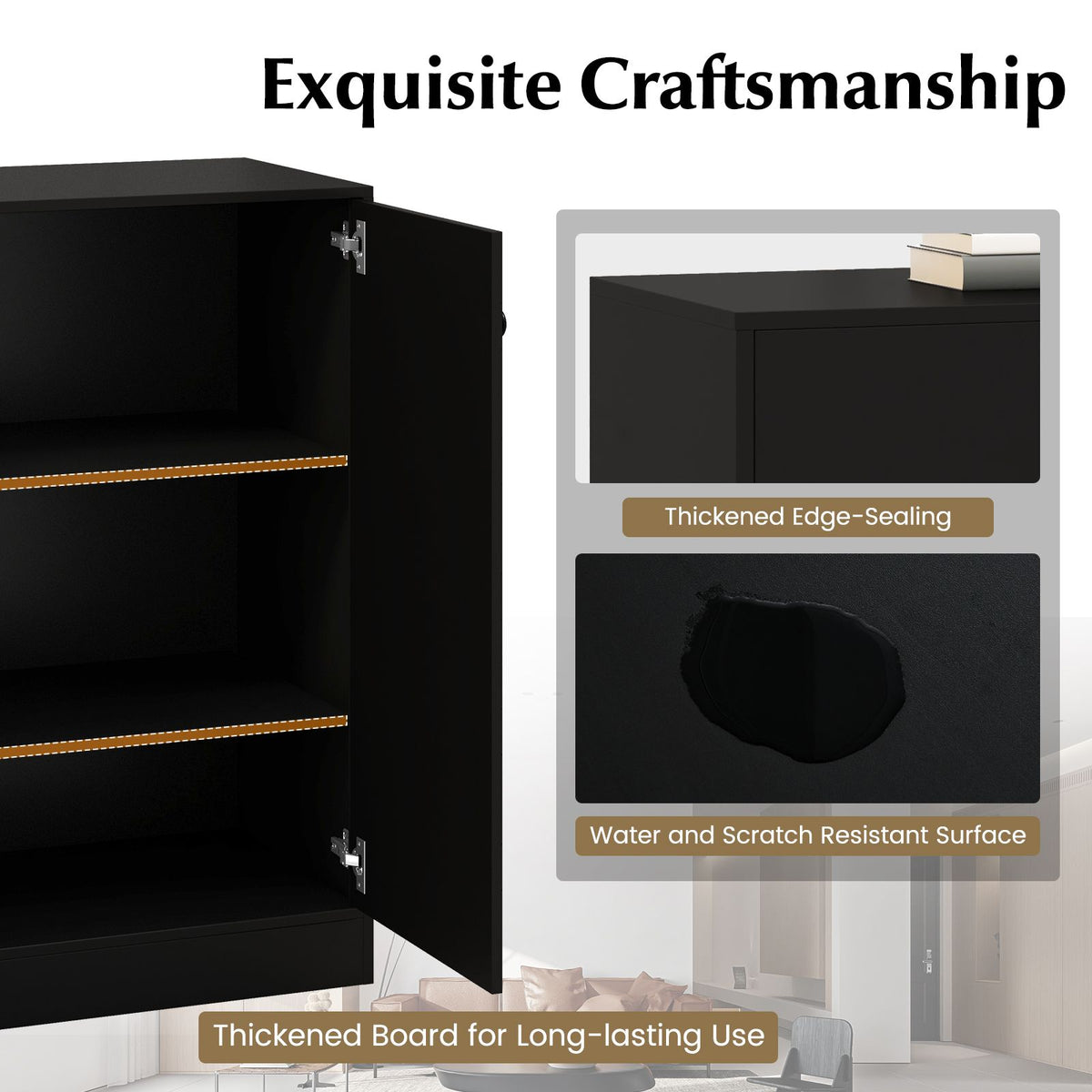 2-Door Storage Cabinet with 3-Tier Shelf Freestanding Side Cabinet
