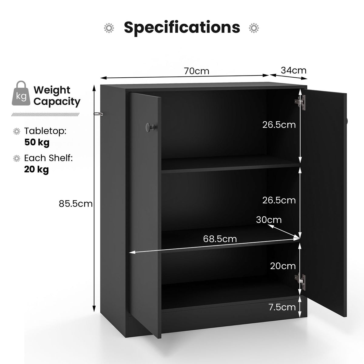 2-Door Storage Cabinet with 3-Tier Shelf Freestanding Side Cabinet
