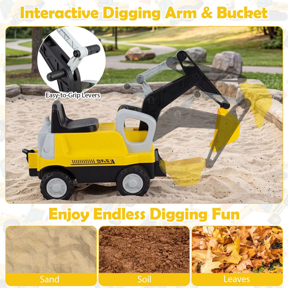 2-In-1 Kids Ride on Tractor with Digging Arm and Detachable Trailer