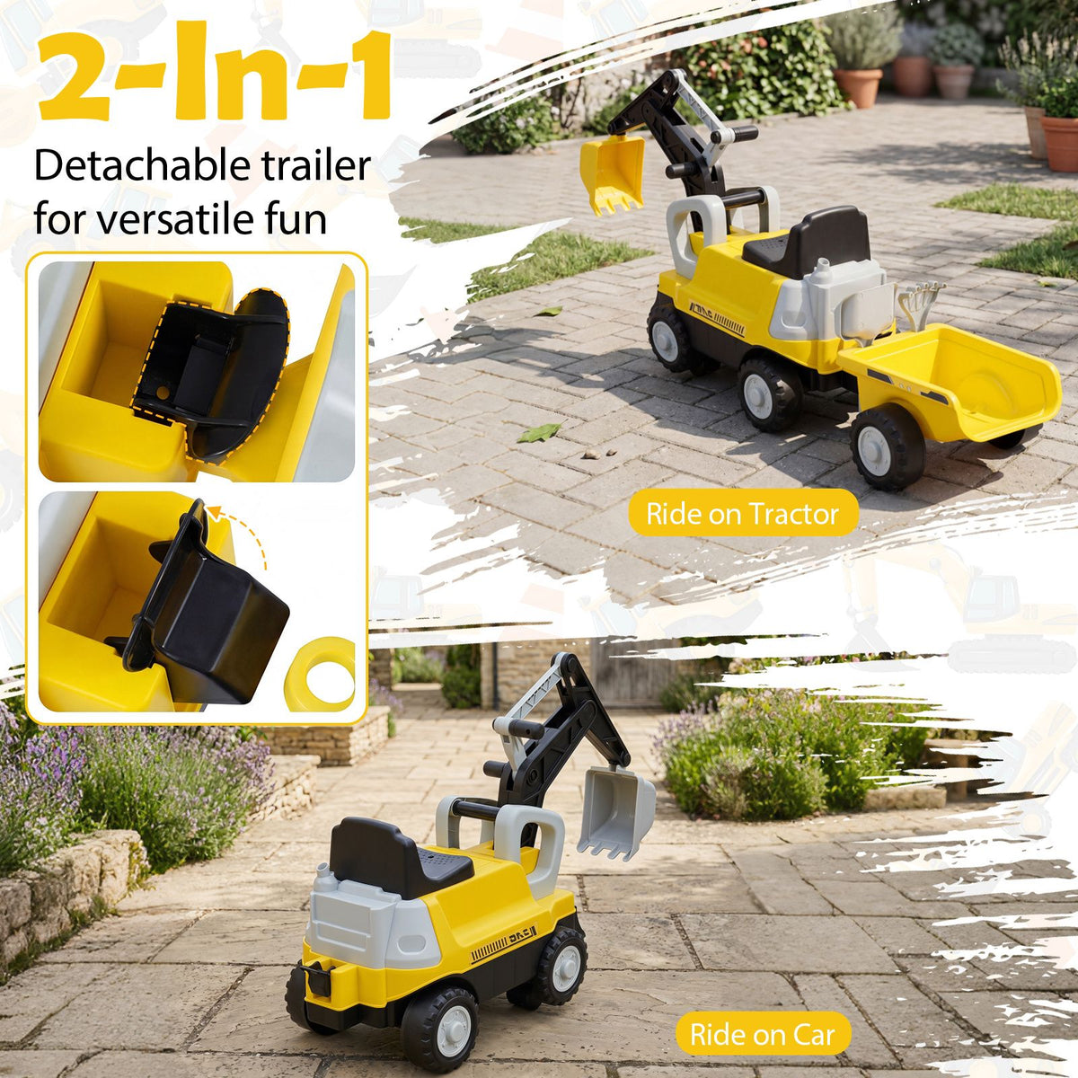 2-In-1 Kids Ride on Tractor with Digging Arm and Detachable Trailer