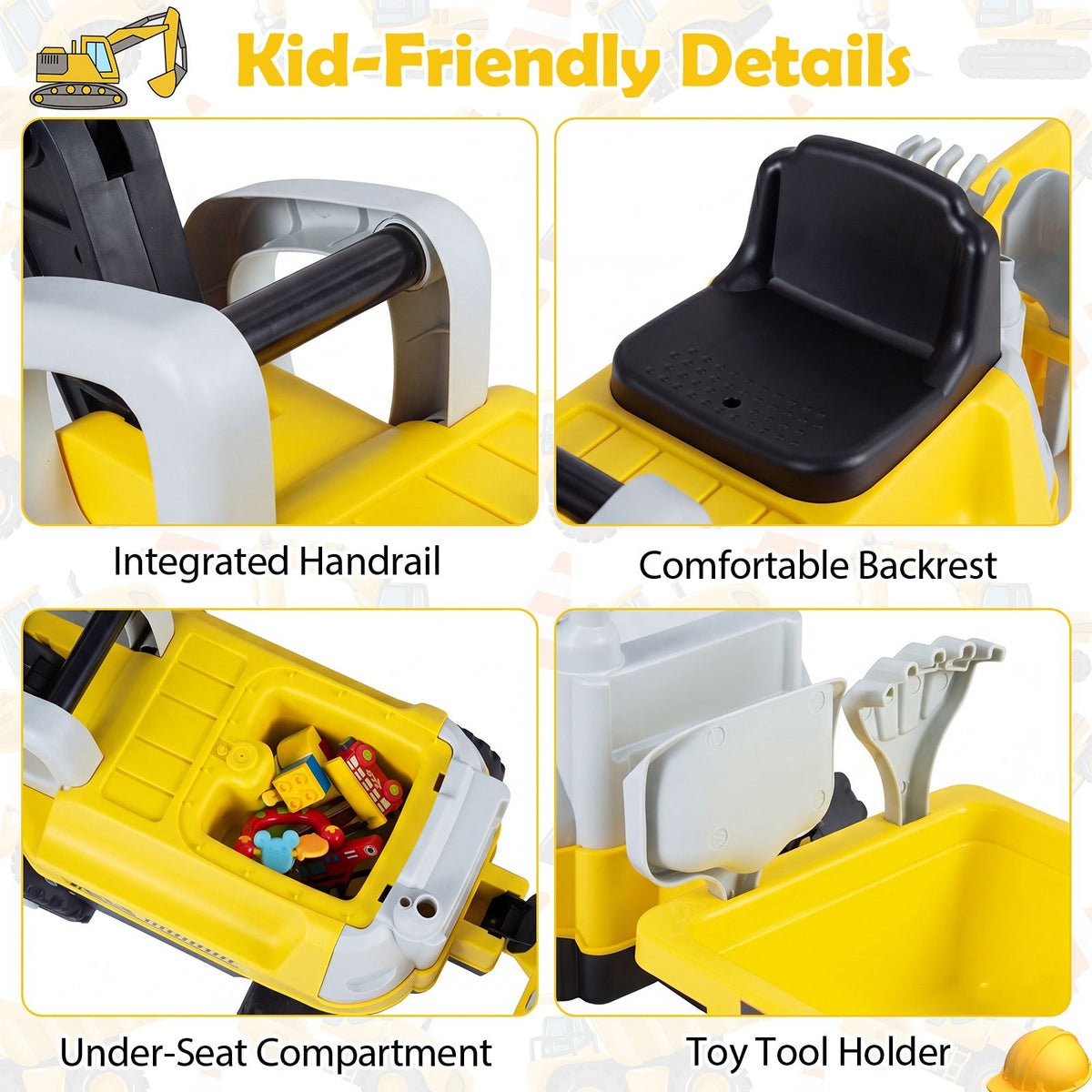 2-In-1 Kids Ride on Tractor with Digging Arm and Detachable Trailer