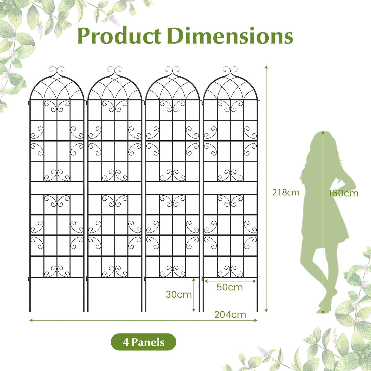 4 Panles Metal Garden Trellis for Outdoor Climbing Plants Rose Vegetable Flower