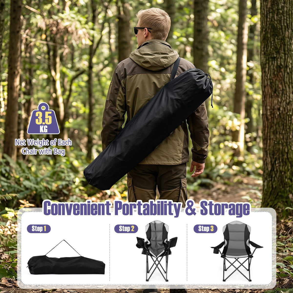 2 Pieces Folding Camping Chairs for Adults with Cup Holders