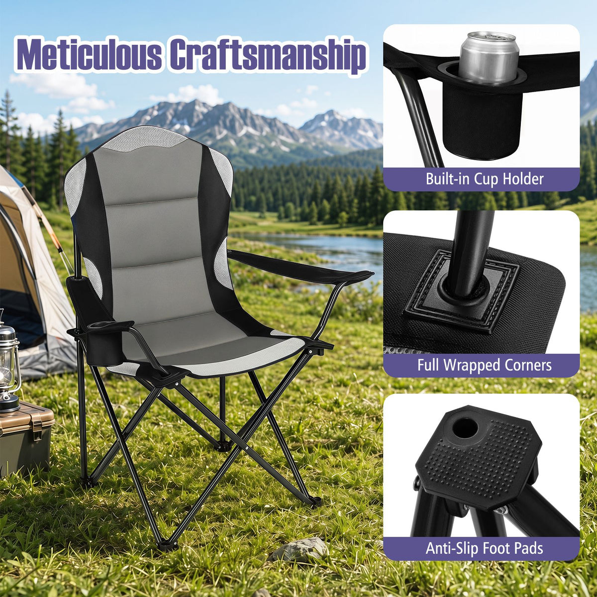 2 Pieces Folding Camping Chairs for Adults with Cup Holders
