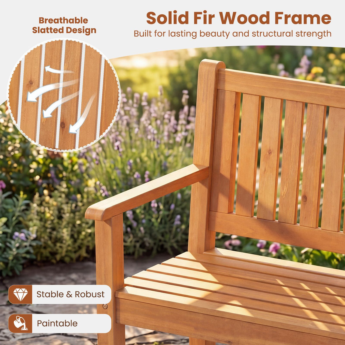 2-Seater Outdoor Wooden Bench with Backrest and Armrests