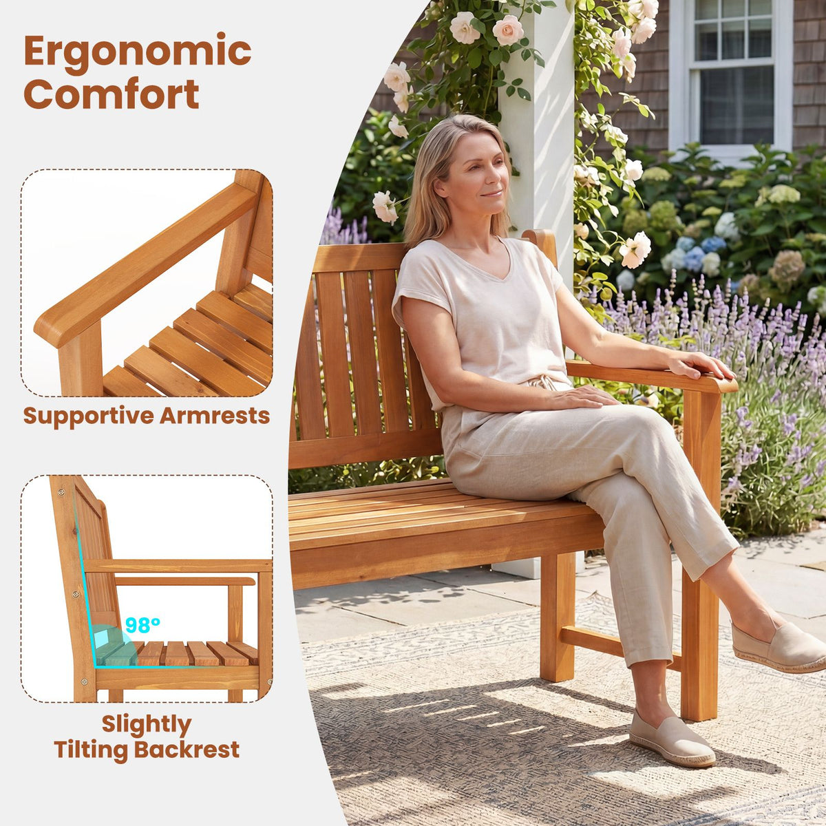 2-Seater Outdoor Wooden Bench with Backrest and Armrests