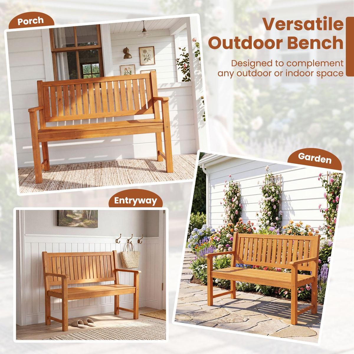 2-Seater Outdoor Wooden Bench with Backrest and Armrests