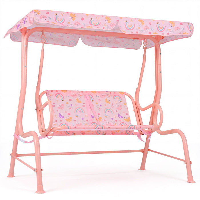 2-Seater Kids Porch Swing with Adjustable Canopy for Backyard and Garden