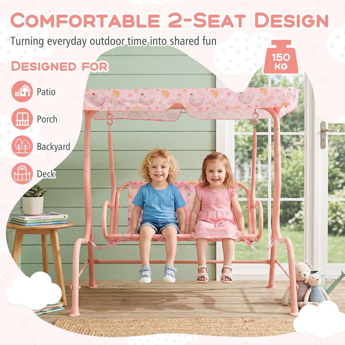 2-Seater Kids Porch Swing with Adjustable Canopy for Backyard and Garden