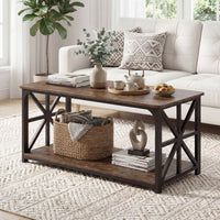 2-Tier Center Table with Storage Shelf and X Side Frames for Small Space and Home Office Apartment