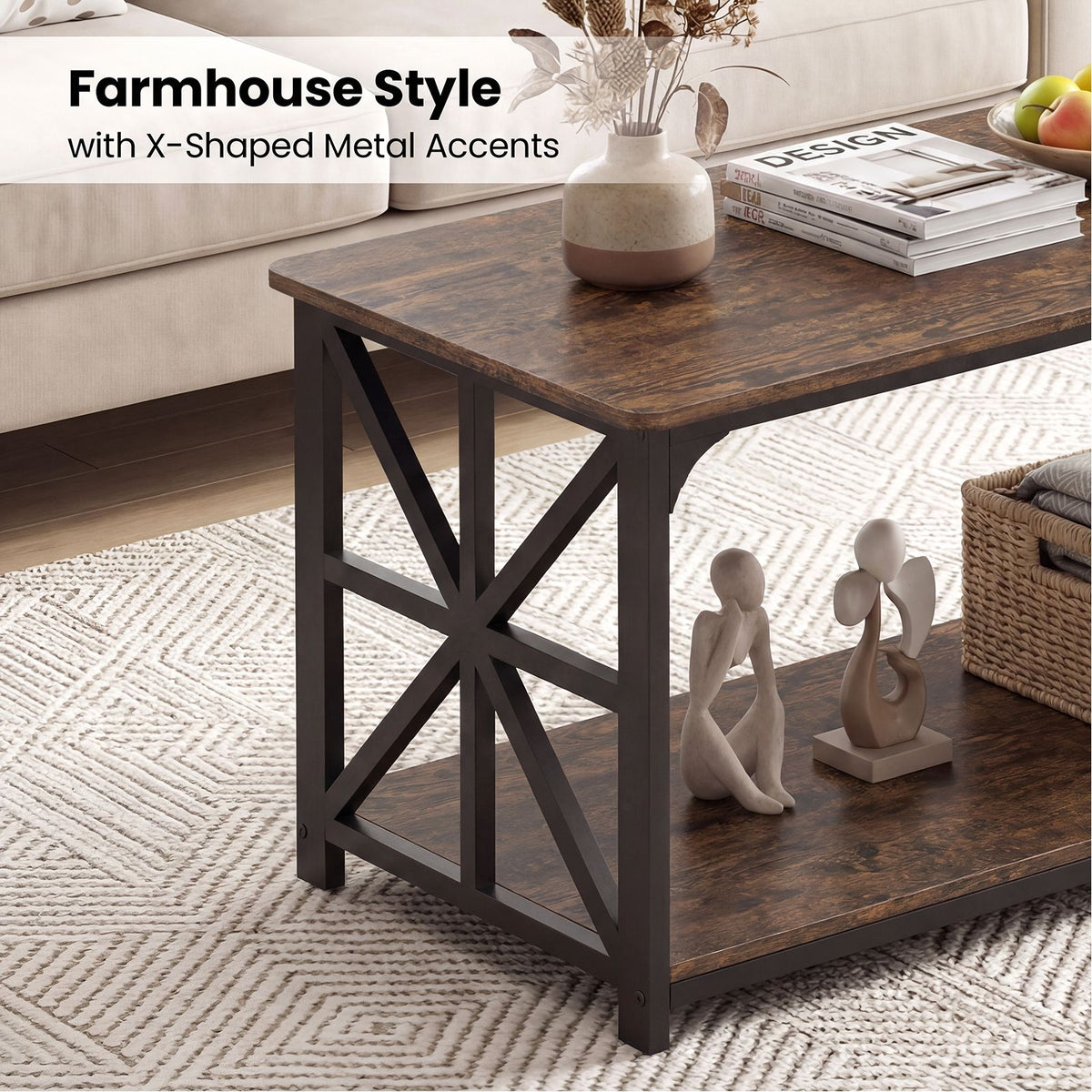 2-Tier Center Table with Storage Shelf and X Side Frames for Small Space and Home Office Apartment