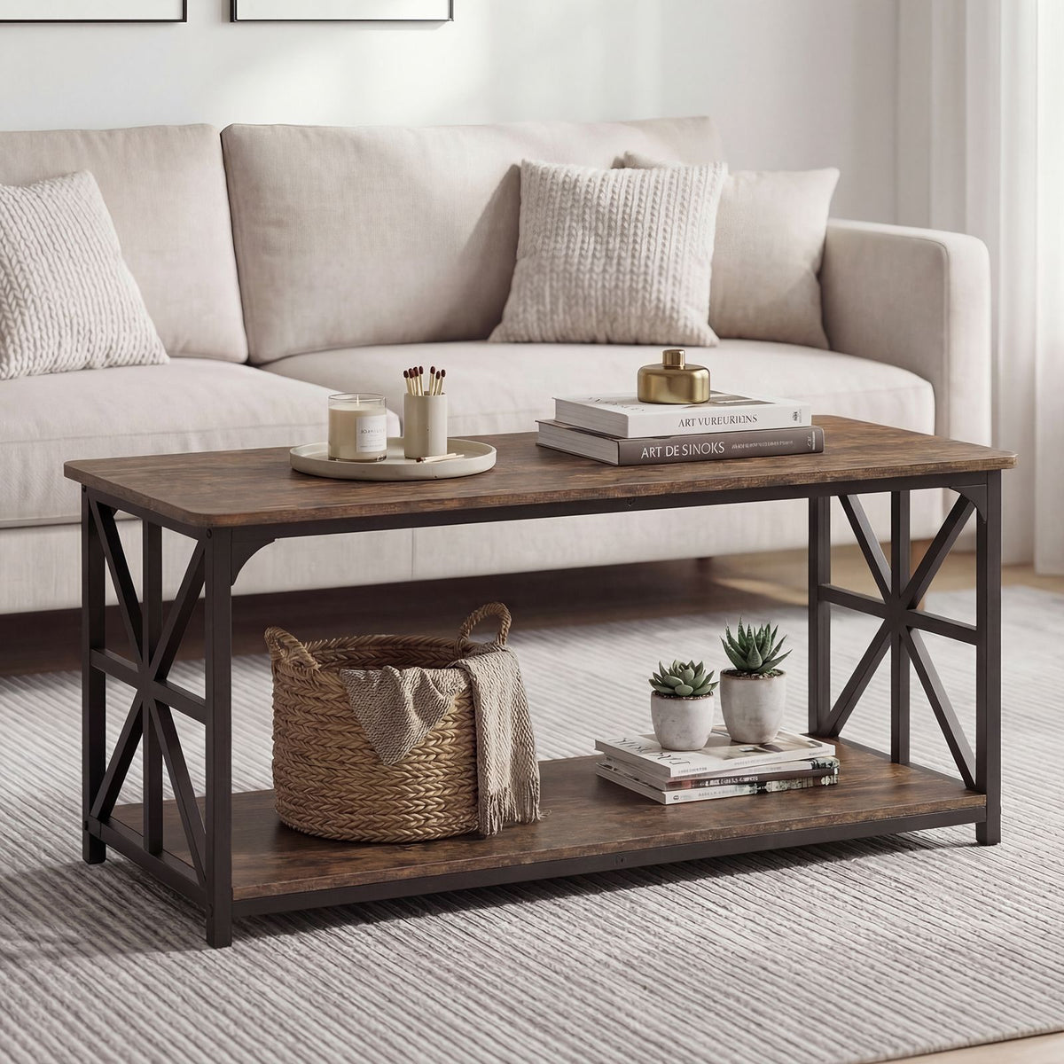 2-Tier Center Table with Storage Shelf and X Side Frames for Small Space and Home Office Apartment