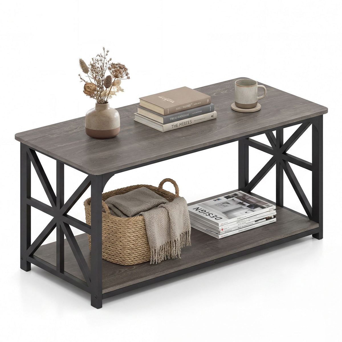2-Tier Center Table with Storage Shelf and X Side Frames for Small Space and Home Office Apartment